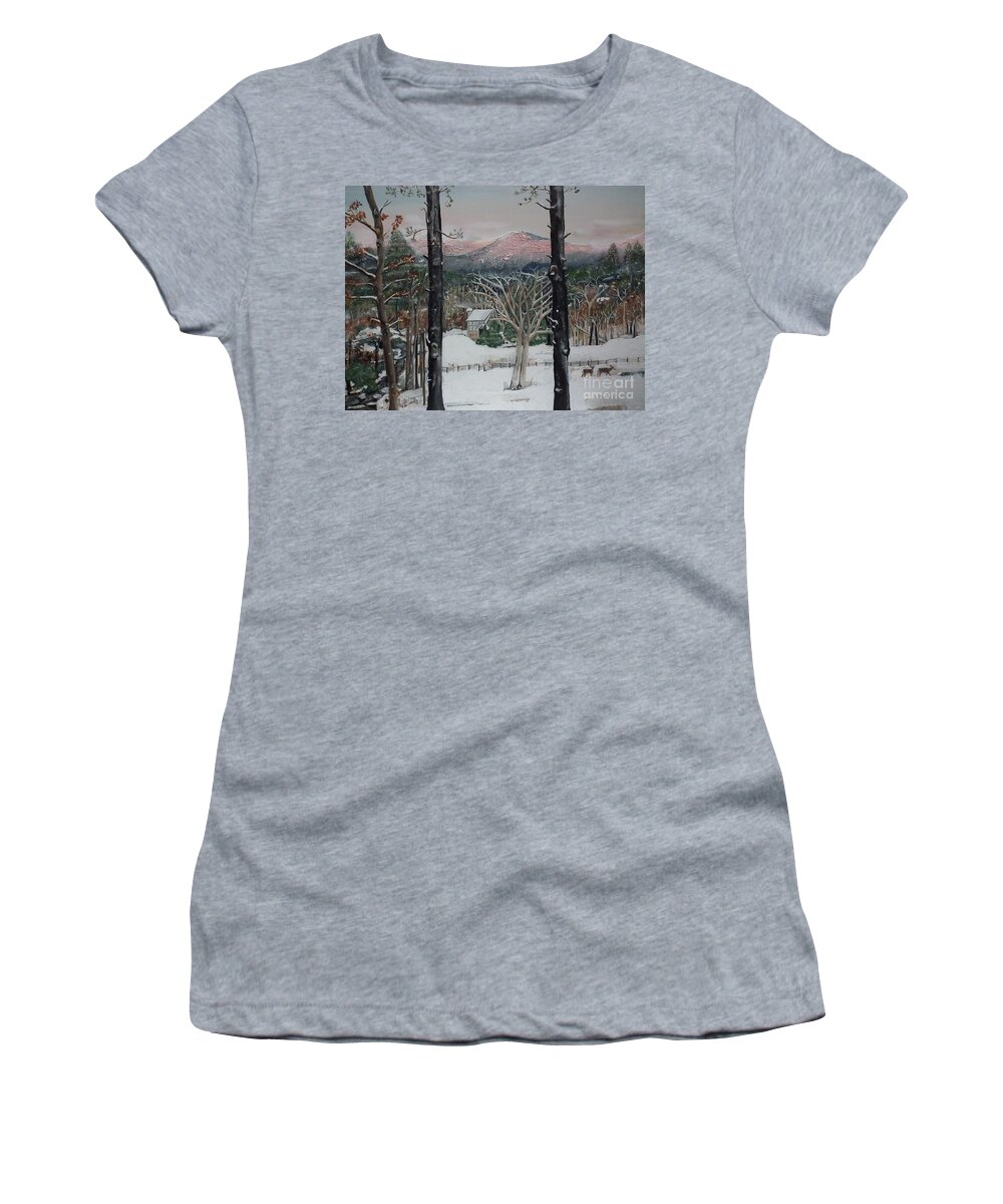 Winter.appalachian Women's T-Shirt featuring the painting Winter - Cabin - Pink Knob by Jan Dappen
