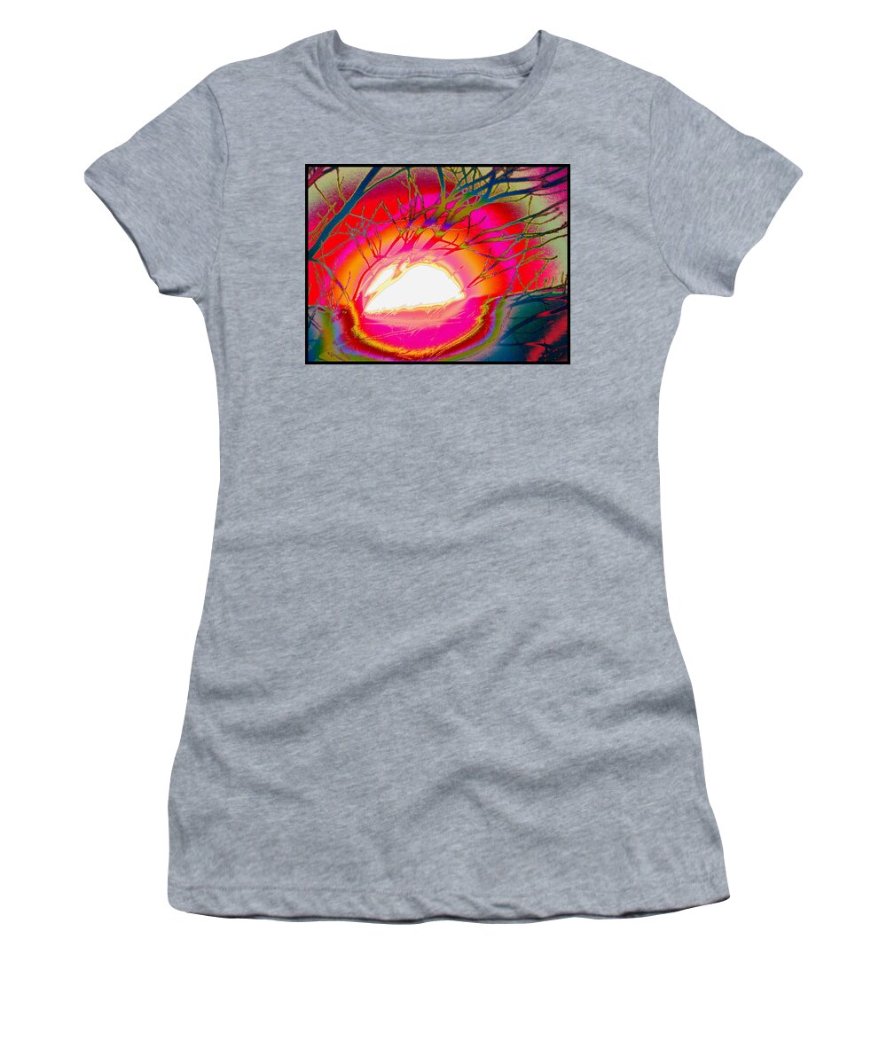 A Brilliant Sunset Color Manipulated Digitally Colorful Contemporary Women's T-Shirt featuring the digital art Winter Sun by Priscilla Batzell Expressionist Art Studio Gallery