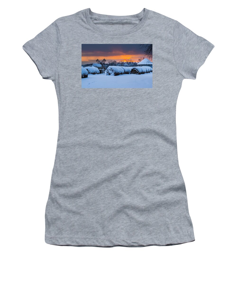Snow Women's T-Shirt featuring the photograph Winter Sunset on the Farm by Holden The Moment