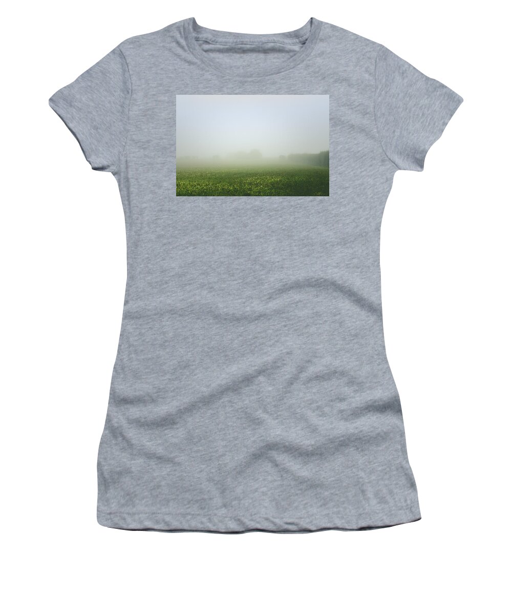 Winter Women's T-Shirt featuring the photograph Winters Foggy Morning across the Farmers Field by Spikey Mouse Photography