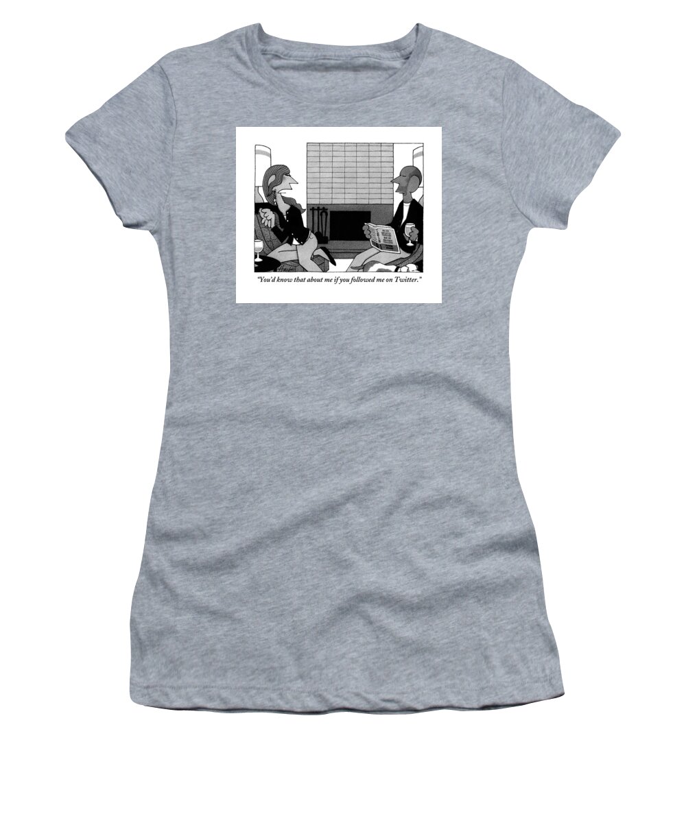 Couples Women's T-Shirt featuring the drawing Woman On Couch Says To Man Who Is Reading by William Haefeli