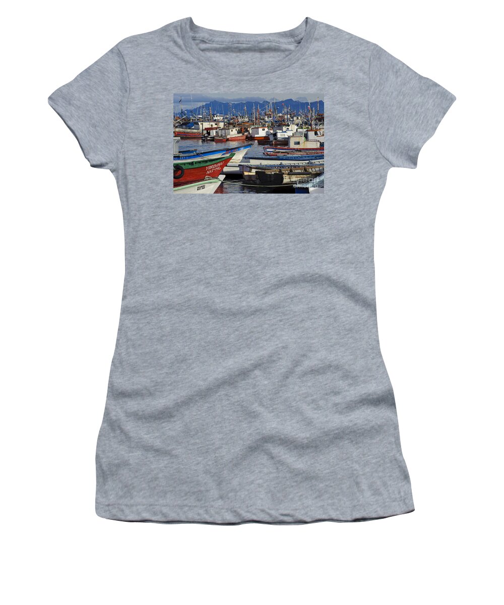 Chile Women's T-Shirt featuring the photograph Wooden Fishing Boats In Harbor, Chile by John Shaw