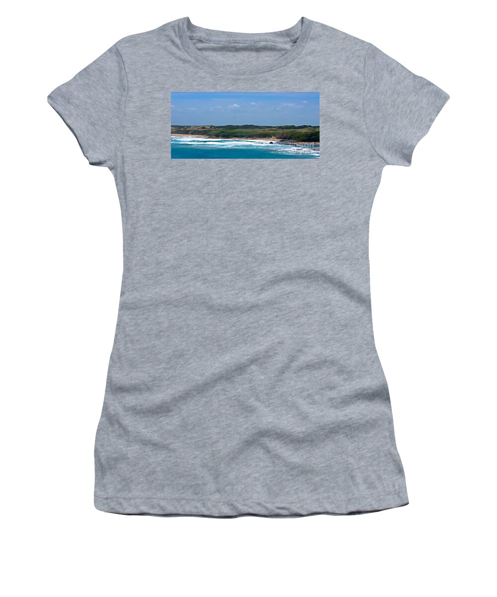 Blair Stuart Women's T-Shirt featuring the digital art Woolami Surf Beach by Blair Stuart