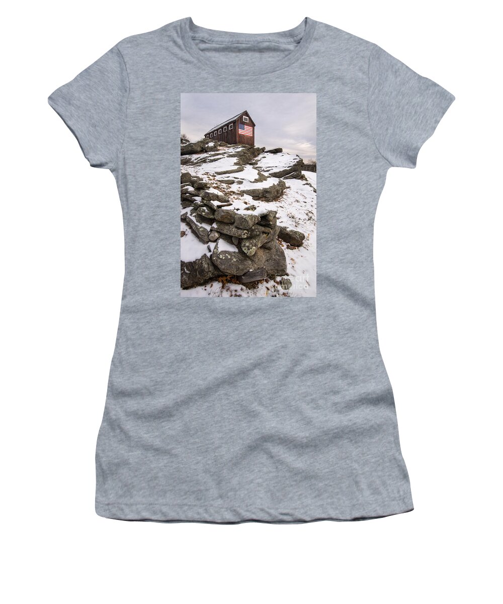 Barn Women's T-Shirt featuring the photograph Yankee Farmlands No 18 - Barn with American Flag by JG Coleman
