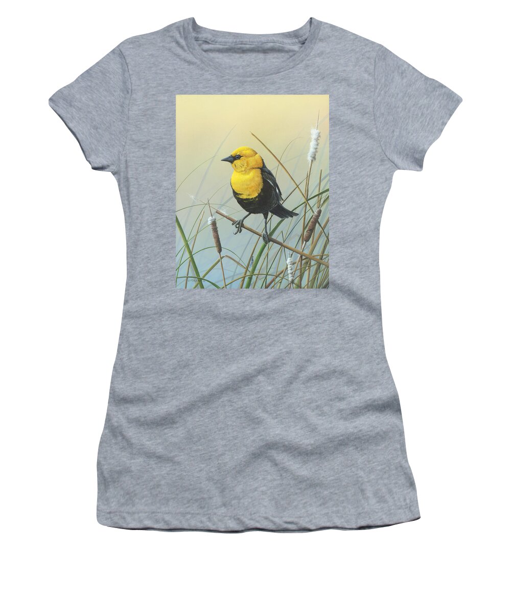 Yellow-headed Black Bird Women's T-Shirt featuring the painting Yellow-headed Black Bird by Mike Brown