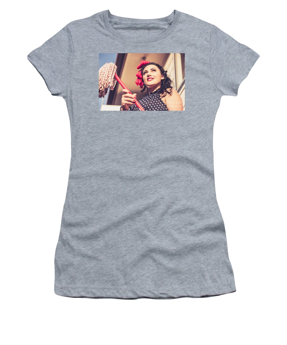 Pinup Women's T-Shirt featuring the photograph Young 50s brunette housewife holding red mop by Jorgo Photography