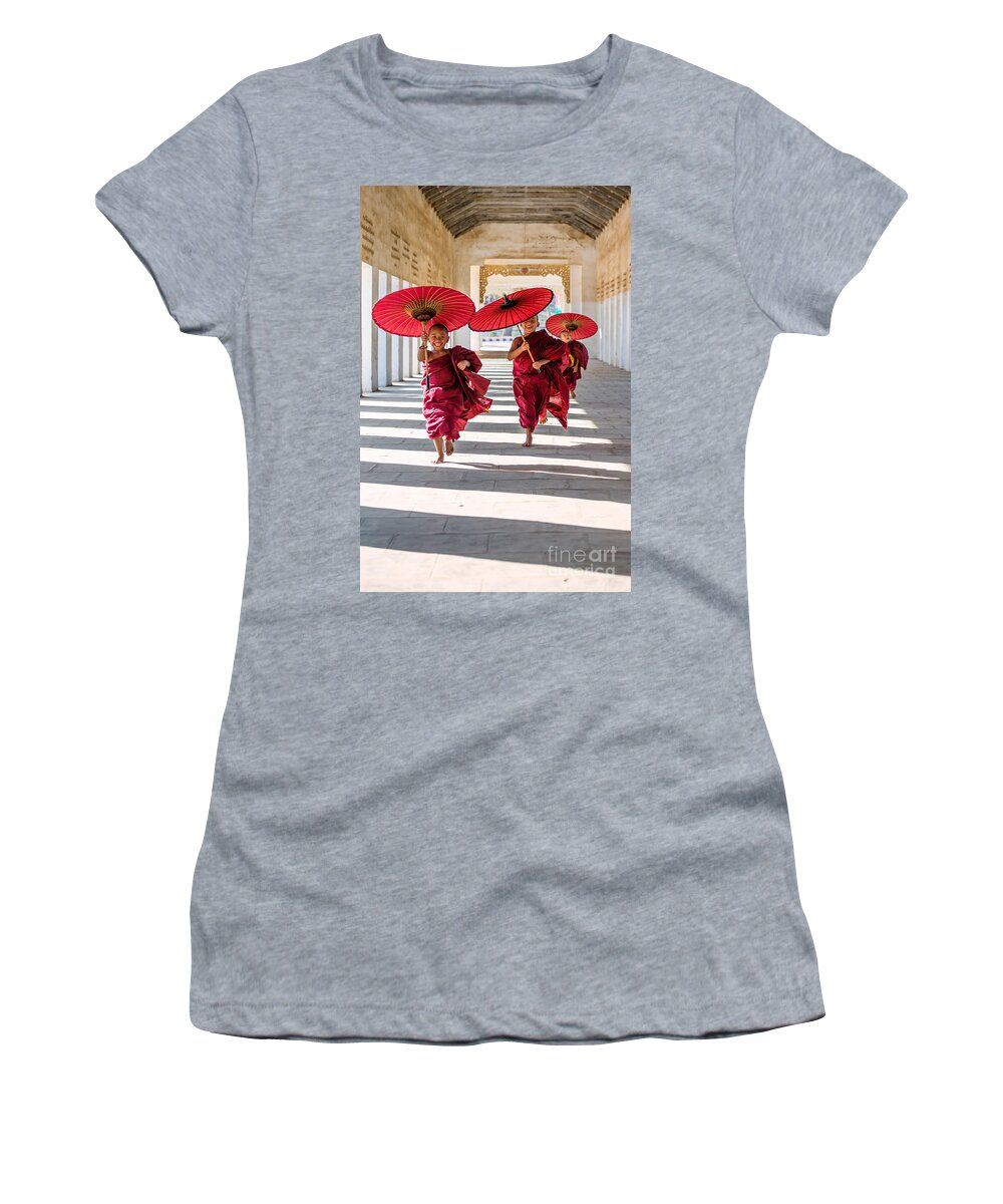 Children Women's T-Shirt featuring the photograph Young buddhist monks on the run - Myanmar by Matteo Colombo