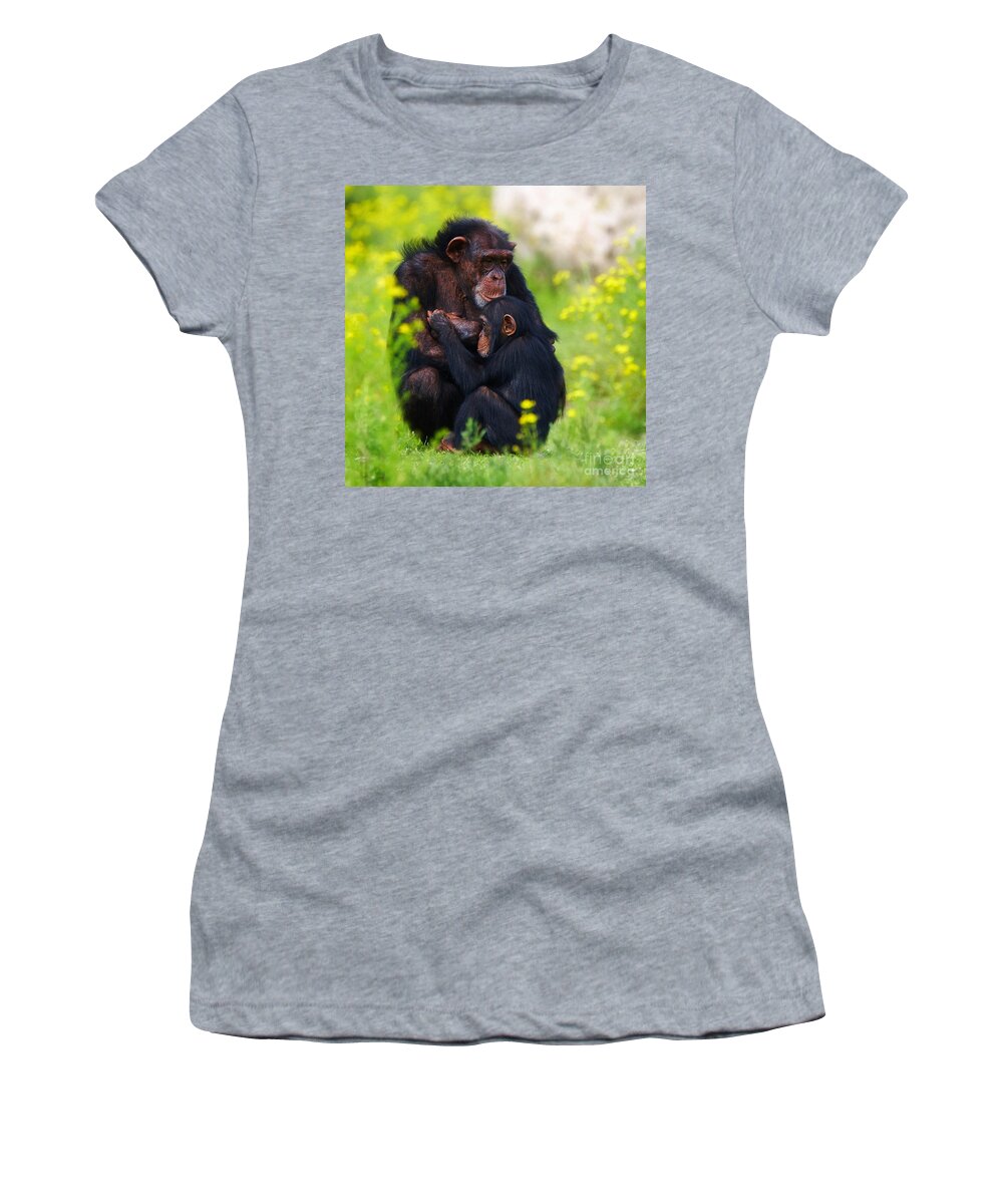 Chimpanzee Women's T-Shirt featuring the photograph Young Chimpanzee with adult - II by Nick Biemans