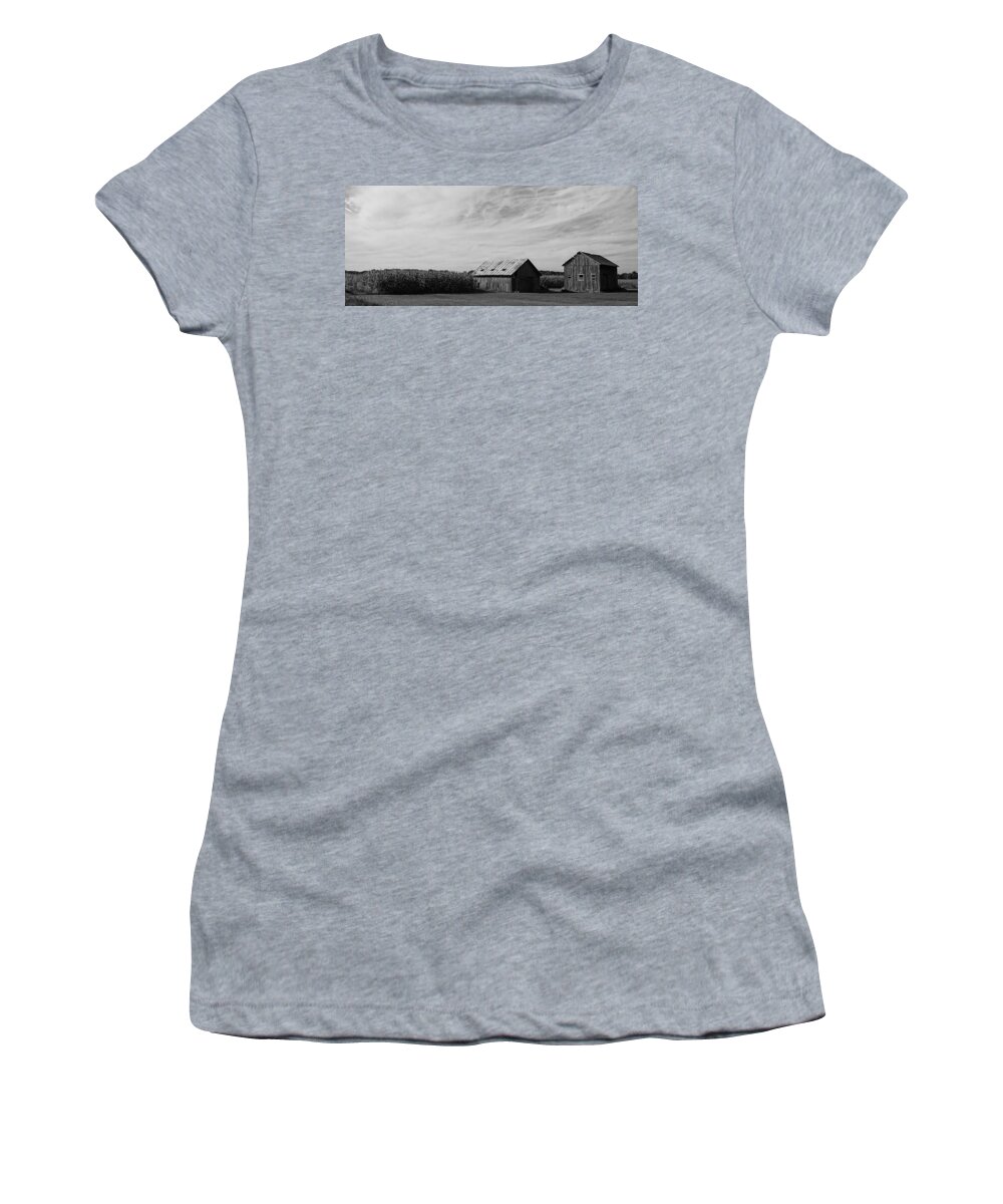 Barns Women's T-Shirt featuring the photograph Zink Rd Farm 2 in Black and White by Daniel Thompson