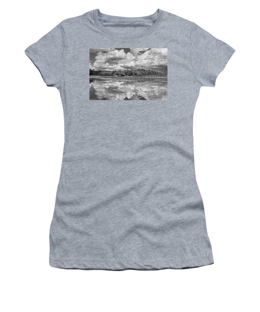 Maine Women's T-Shirt featuring the photograph Black And White Storm Clouds Cobbossee Lake Maine Fine Art Print #1 by Keith Webber Jr