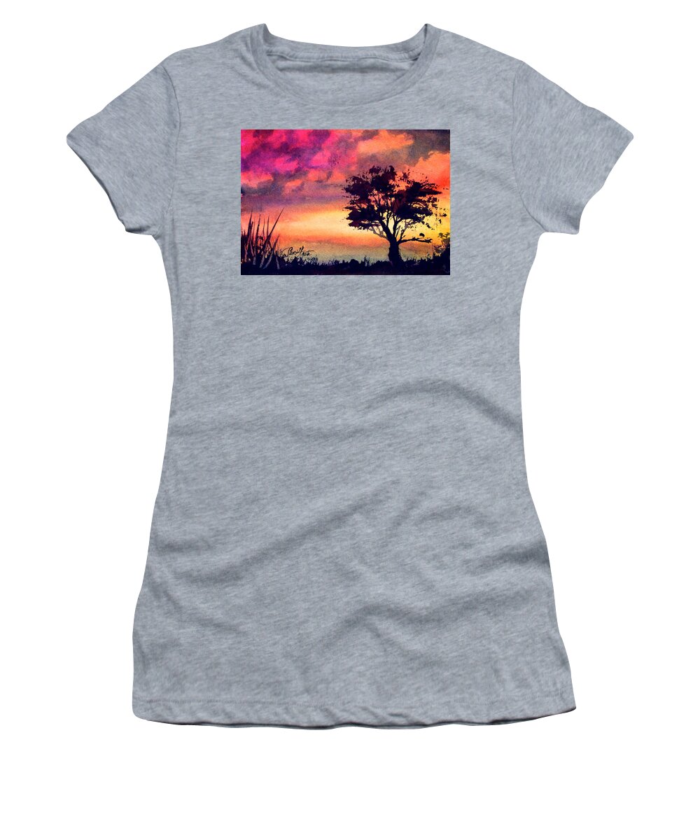 Red Women's T-Shirt featuring the painting Sunset Solitaire by Frank SantAgata