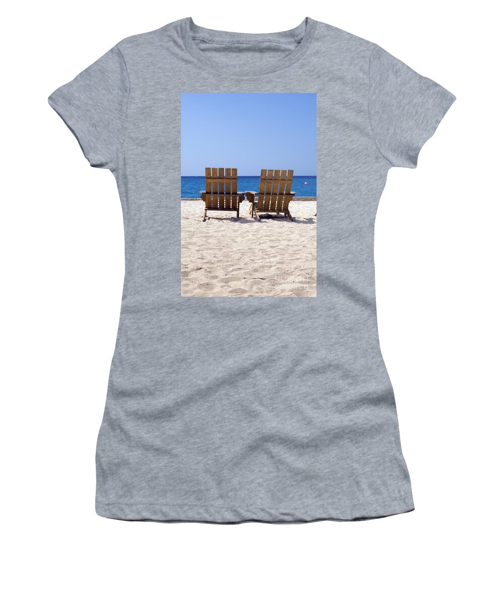 Travelpixpro Cozumel Women's T-Shirt featuring the photograph Cozumel Mexico Beach Chairs and Blue Skies #1 by Shawn O'Brien
