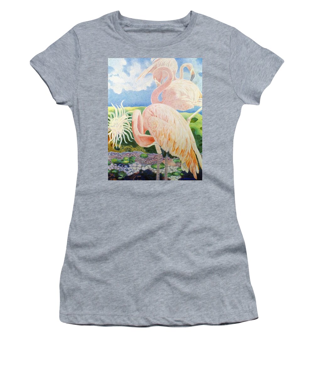 Pink Flamingos Are Surrounded By Surreal Landscape Of Anemone And Corals Women's T-Shirt featuring the drawing Astarte's Paradise III by Kyra Belan