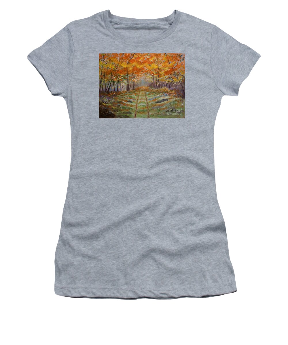 Country Road Art Women's T-Shirt featuring the painting Autumn Country Road by Leslie Allen