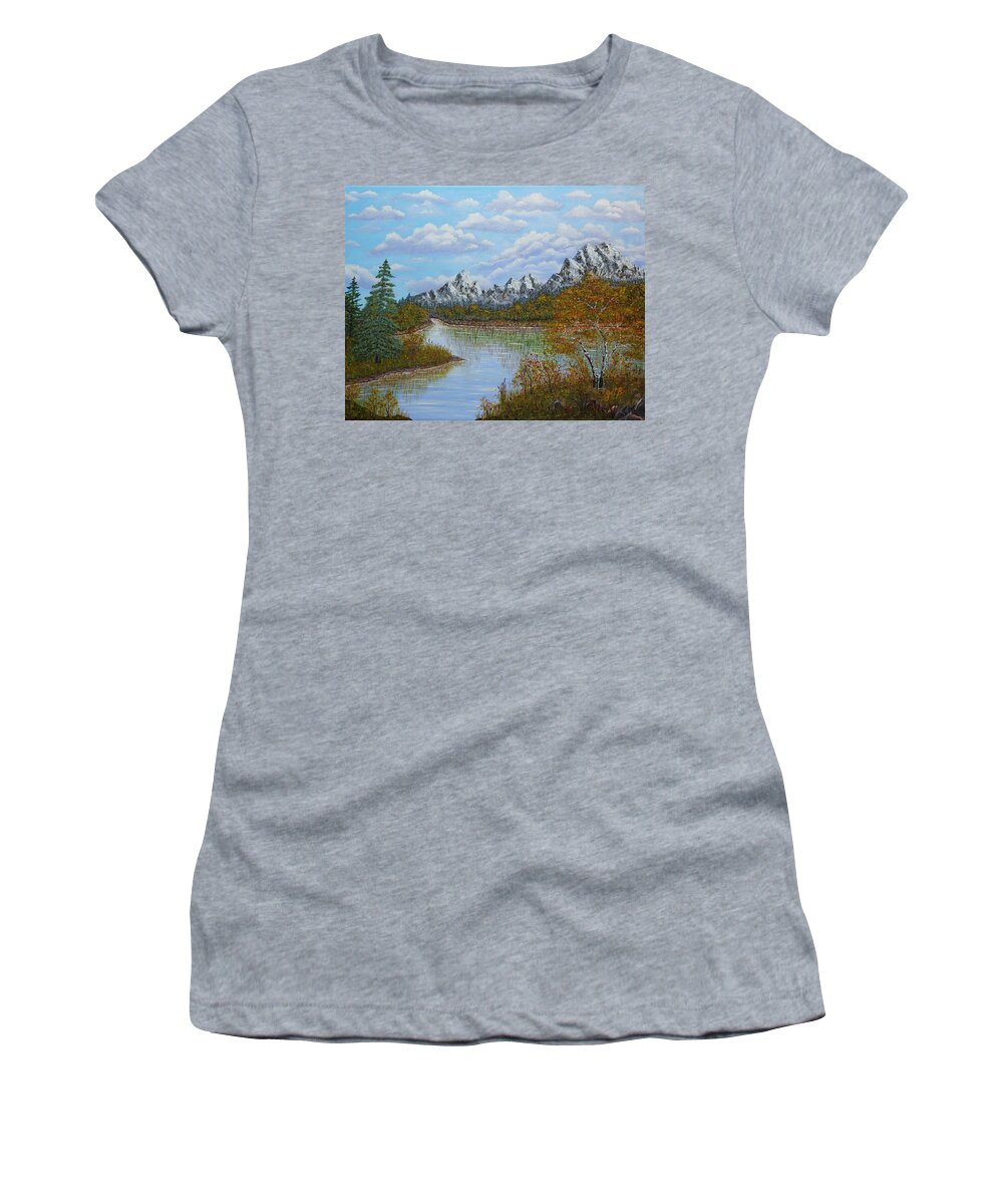 Mountain Landscape Women's T-Shirt featuring the painting Autumn Mountains Lake Landscape by Georgeta Blanaru