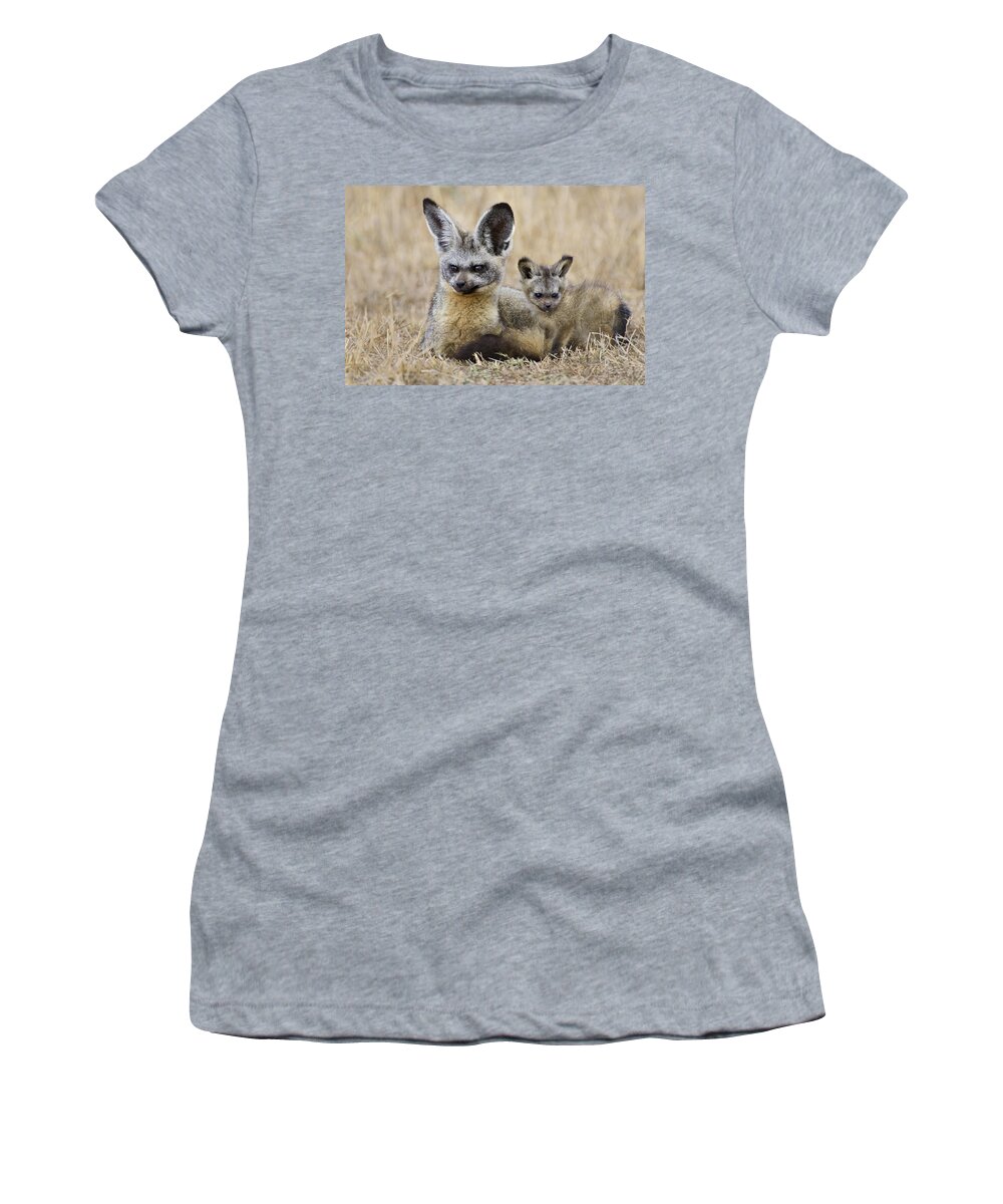 00784382 Women's T-Shirt featuring the photograph Bat Eared Fox Parent And Pup Masai Mara by Suzi Eszterhas
