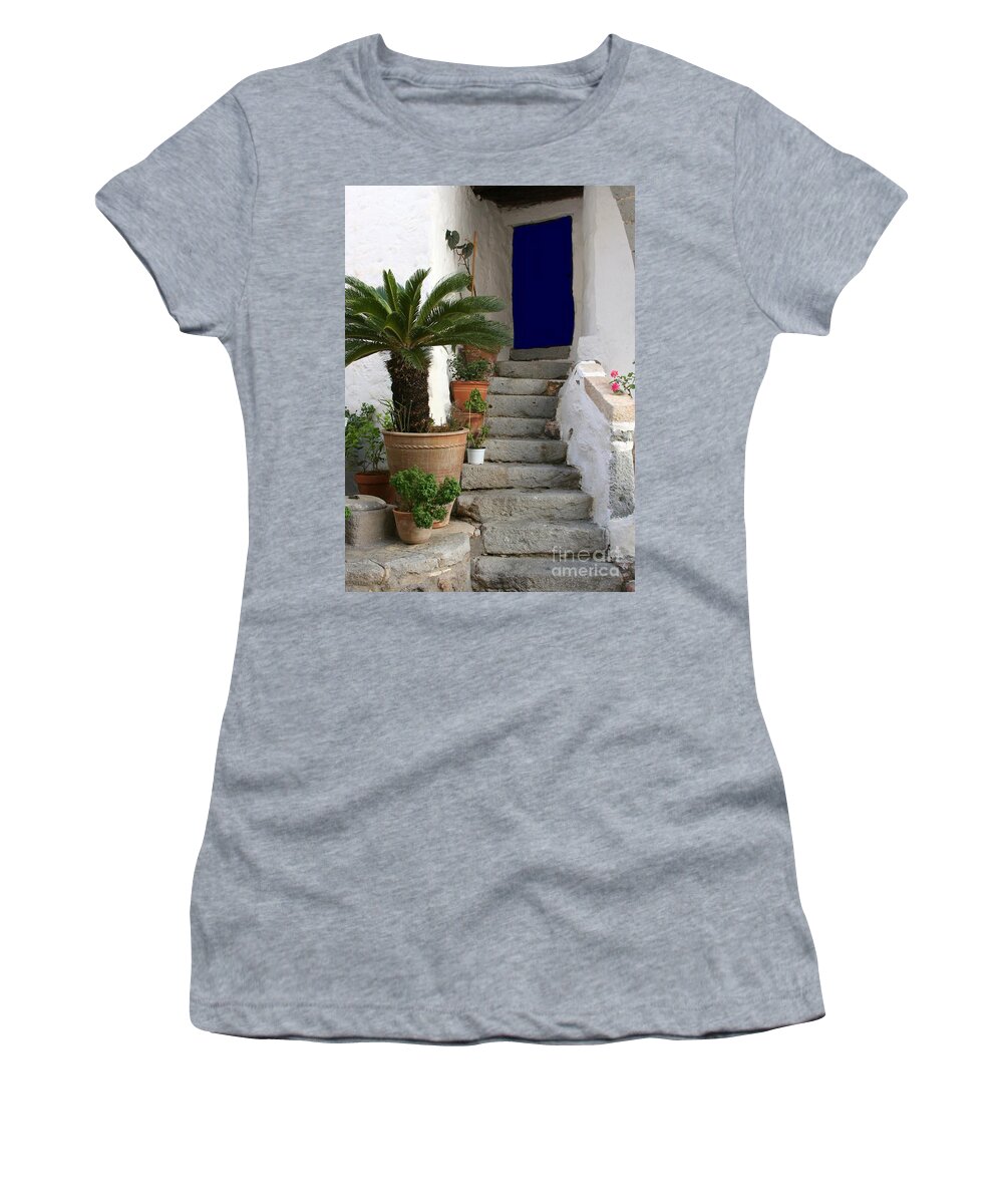 Door Women's T-Shirt featuring the photograph Blue Door in Greece by Sabrina L Ryan