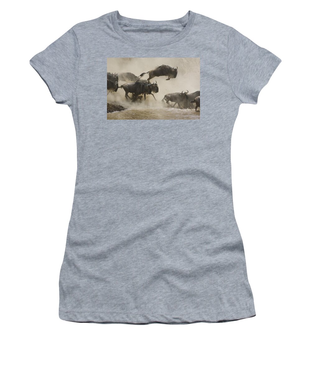 00761256 Women's T-Shirt featuring the photograph Blue Wildebeest Crossing Mara River by Suzi Eszterhas