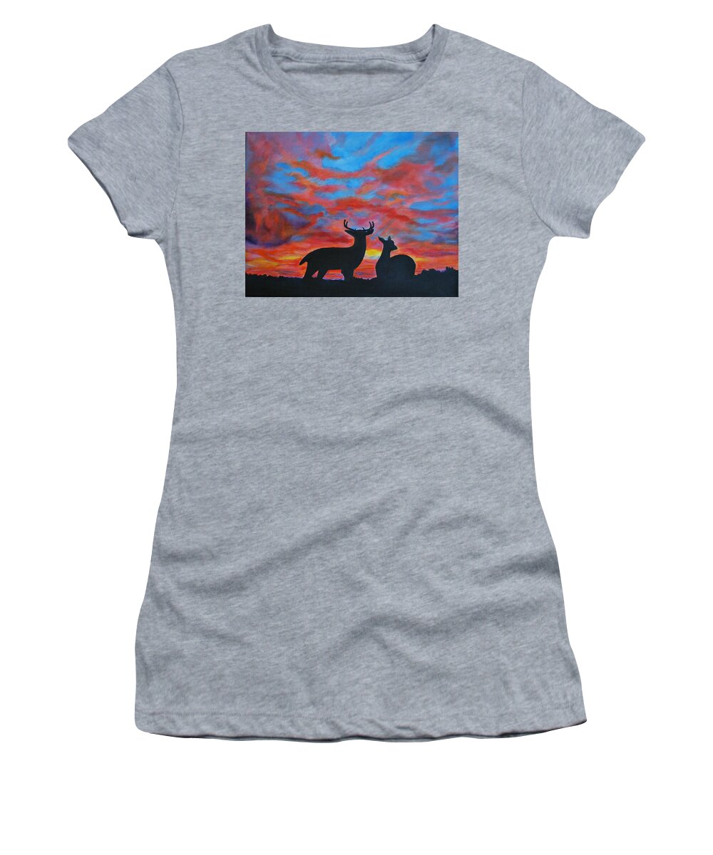 Buck Painting Women's T-Shirt featuring the painting Buck and Doe by Leslie Allen