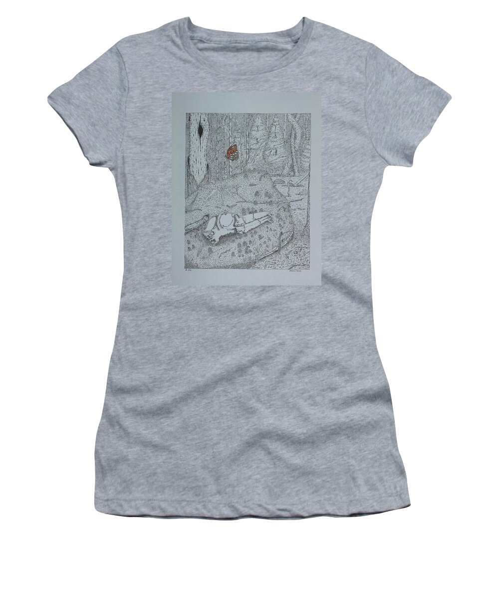 Nature Women's T-Shirt featuring the drawing Canine Skull And Butterfly by Daniel Reed