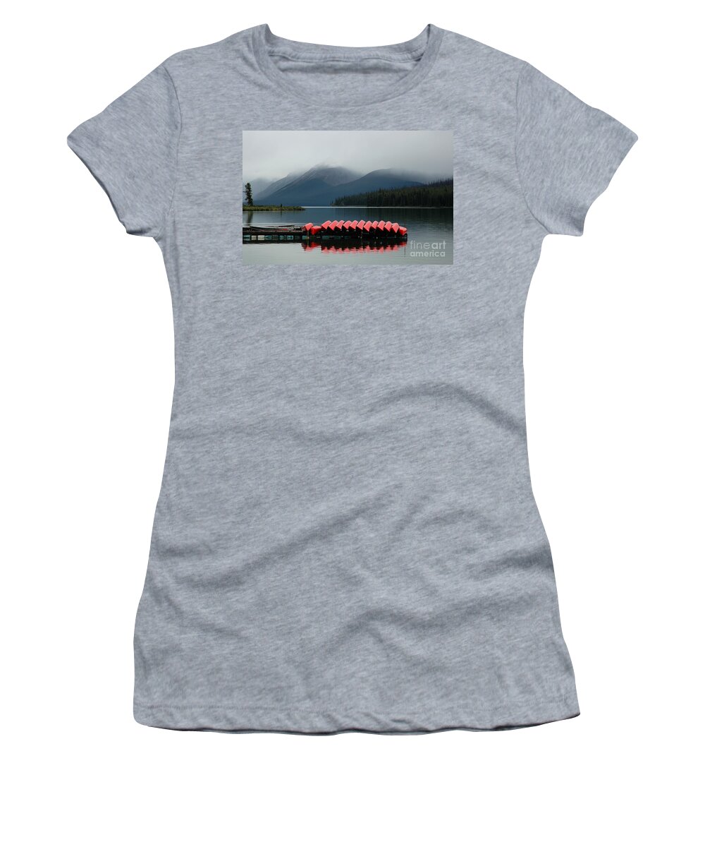 Rain Women's T-Shirt featuring the photograph Canoes on Maligne Lake by Vivian Christopher