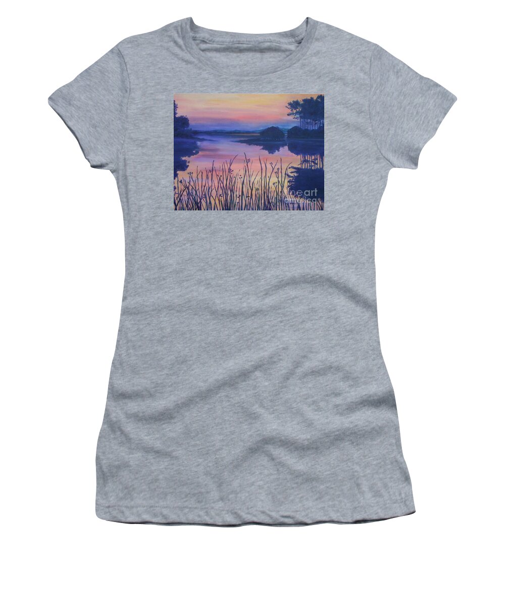 Chincoteaque Women's T-Shirt featuring the painting Chincoteaque Island Sunset by Julie Brugh Riffey