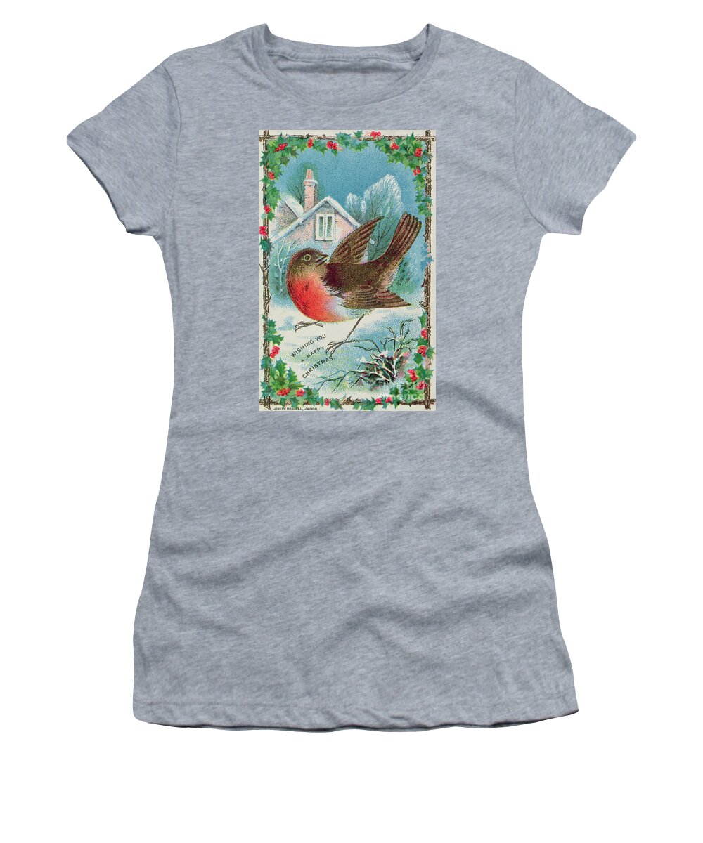 Victorian; Bird; Winter; Snow Women's T-Shirt featuring the painting Christmas card depicting a robin by English School