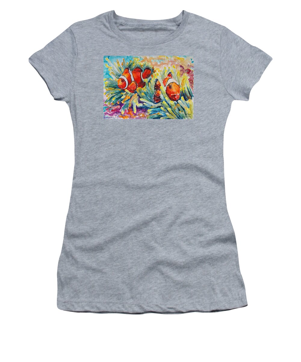Clownfish Women's T-Shirt featuring the painting Clownfish In Their Paradise by Barbara Pommerenke