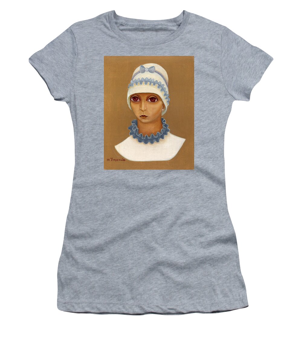 Colorful Women's T-Shirt featuring the painting Colorful young woman brown eyes blue white hat collar with ribbon small lips by Rachel Hershkovitz
