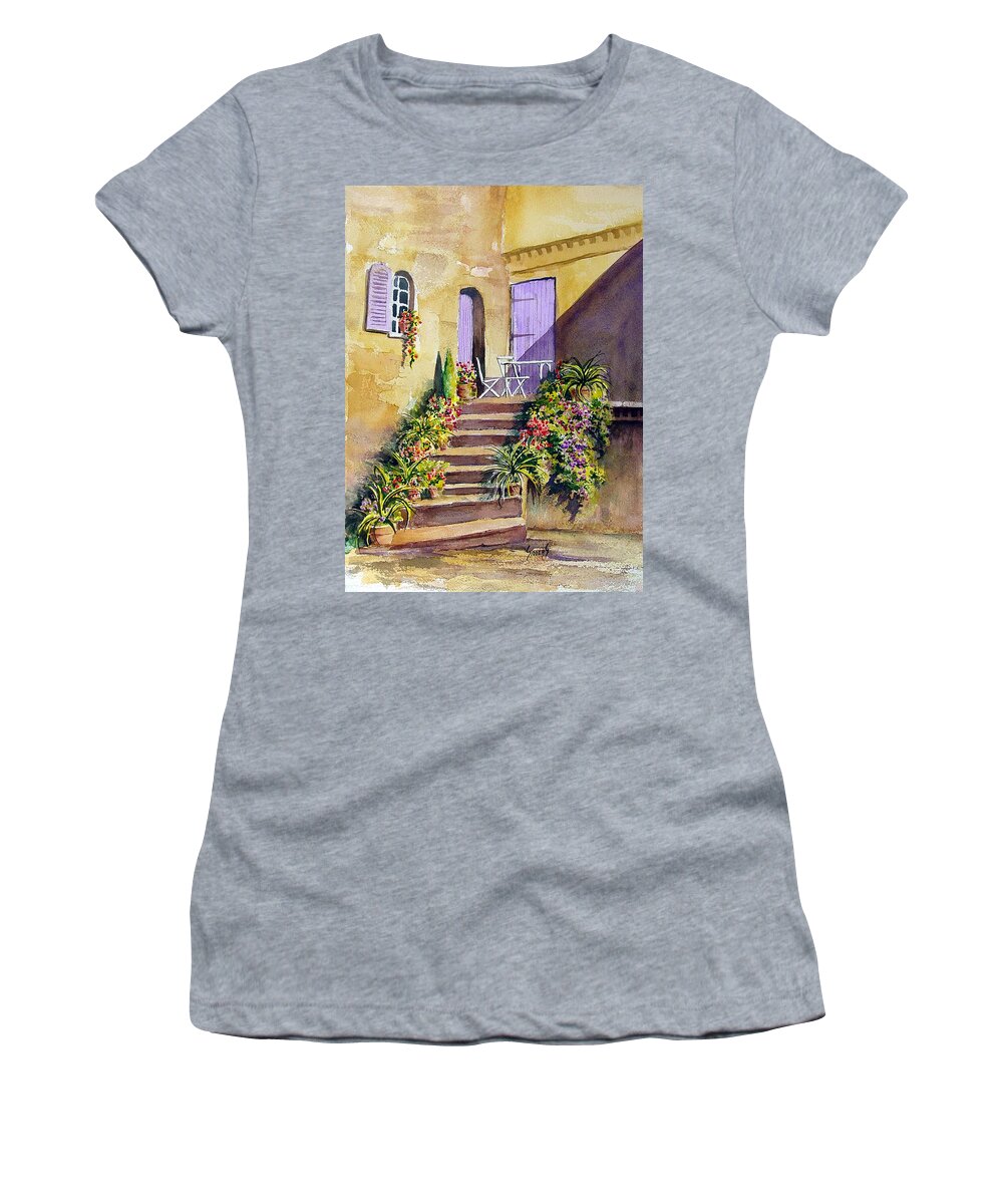 Flowers Women's T-Shirt featuring the painting Crooked Steps and Purple Doors by Sam Sidders