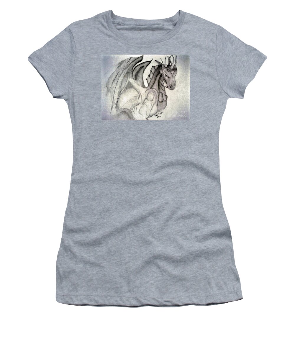 Dragonheart Women's T-Shirt featuring the drawing Dragonheart - BW by Maria Urso