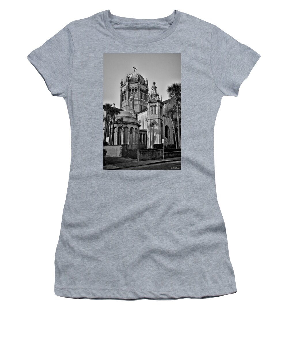 Flagler Women's T-Shirt featuring the photograph Flagler Memorial Presbyterian Church 3 - BW by Christopher Holmes