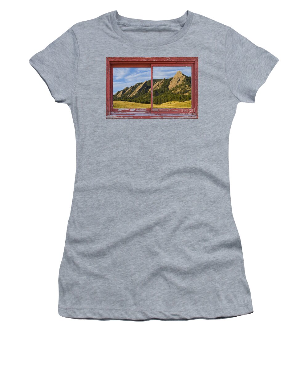 Picture Women's T-Shirt featuring the photograph Flatirons Boulder Colorado Red barn Picture Window Frame Photos by James BO Insogna