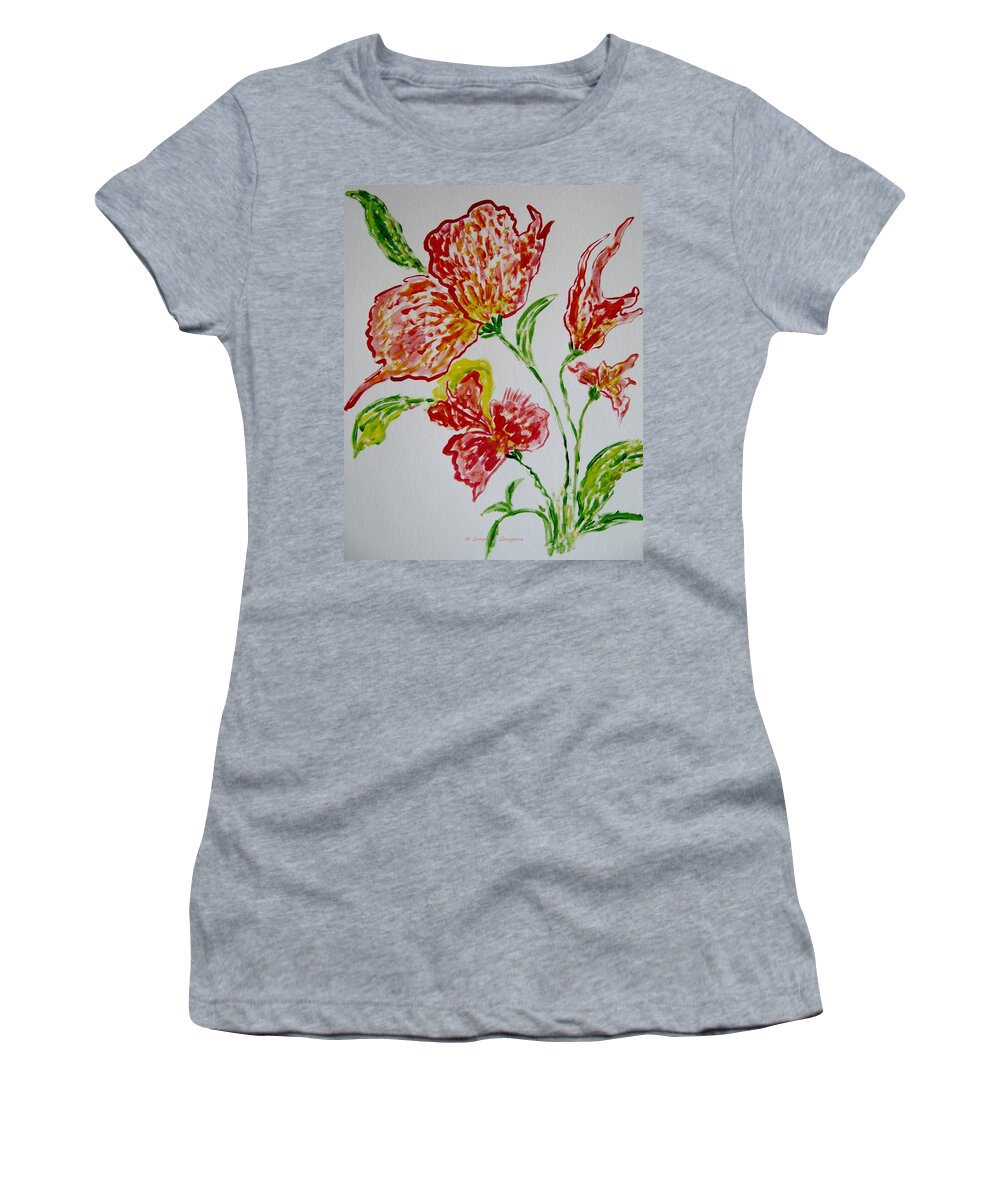 Red Flowers & Green Leaves Women's T-Shirt featuring the painting Florals by Sonali Gangane