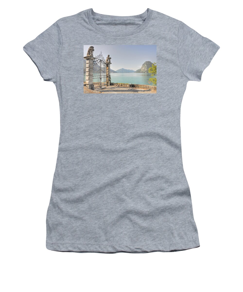 Gate Women's T-Shirt featuring the photograph Gate on the lake front by Mats Silvan