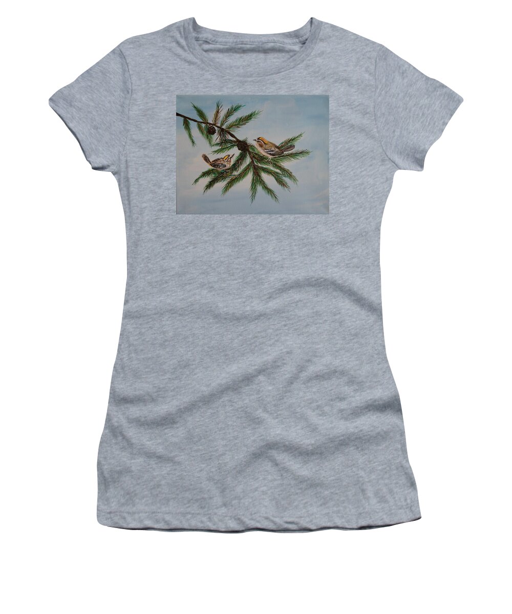 Birds Women's T-Shirt featuring the painting Golden Crowned Kinglets by Leslie Allen