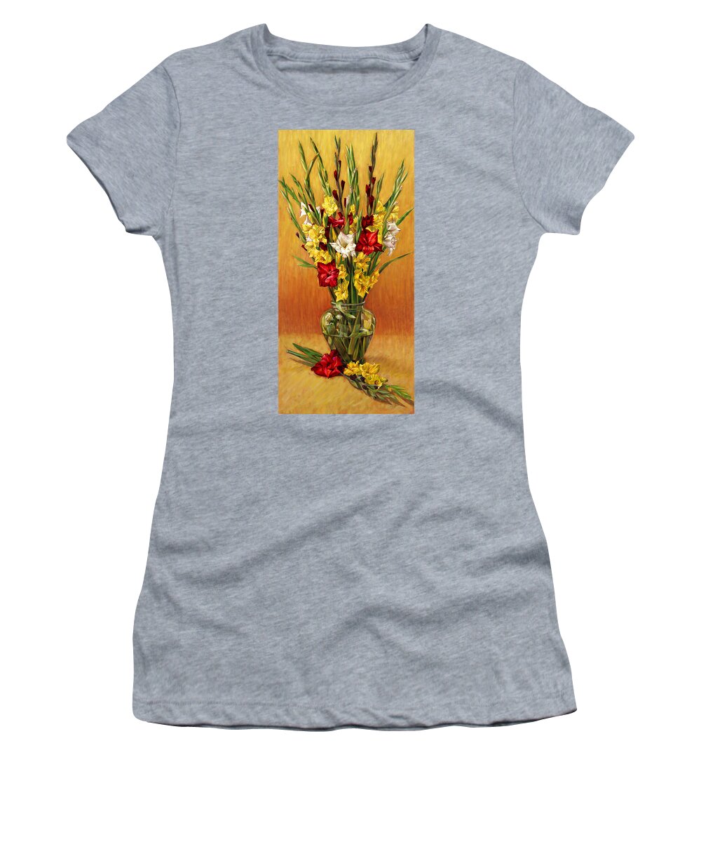  Women's T-Shirt featuring the painting Golden Gladiolus in Red by Nancy Tilles