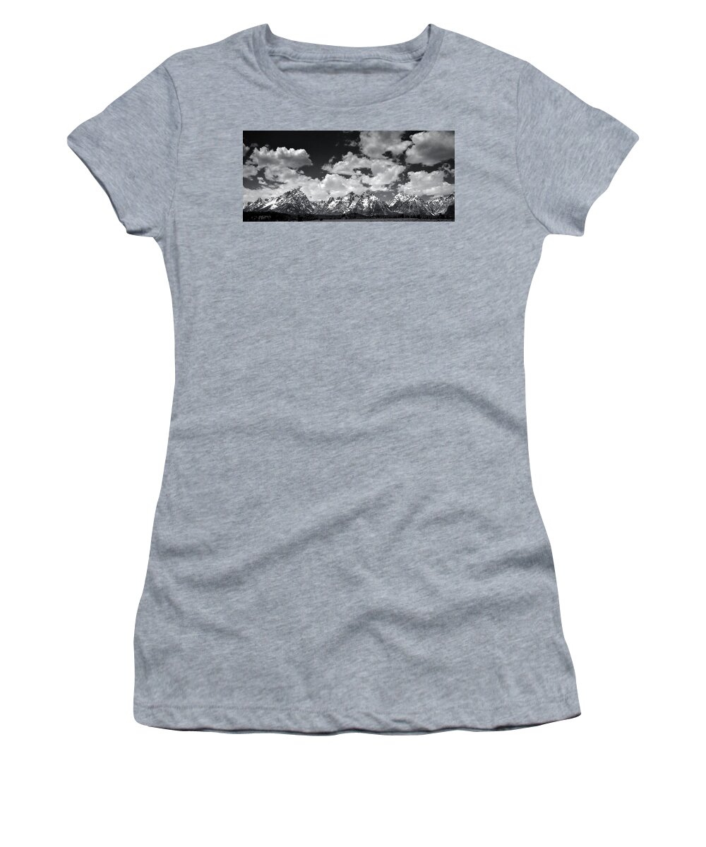 Grand Tetons Women's T-Shirt featuring the photograph Grand Tetons Panorama in Monochrome by Ellen Heaverlo