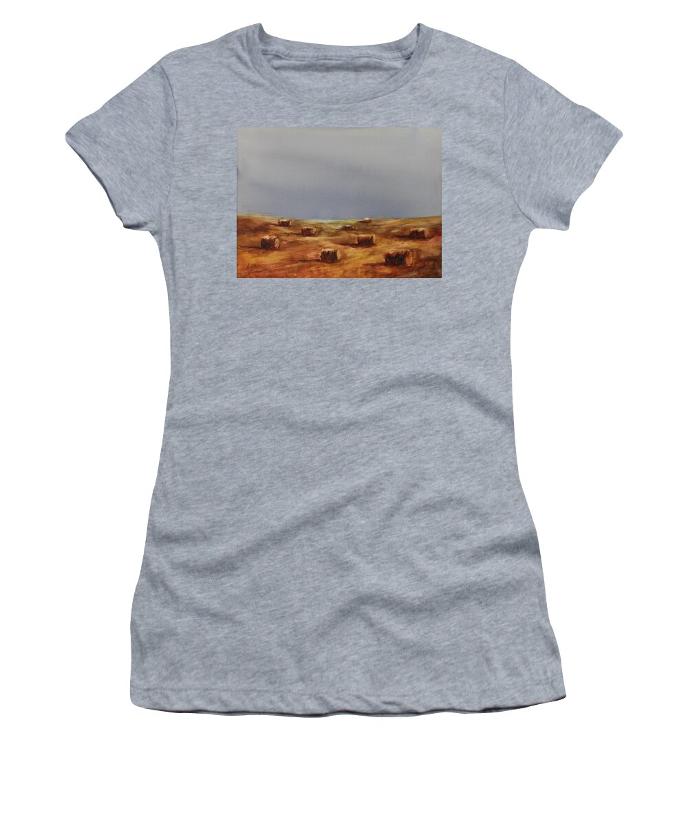 Bales Women's T-Shirt featuring the painting Hayfield by Ruth Kamenev
