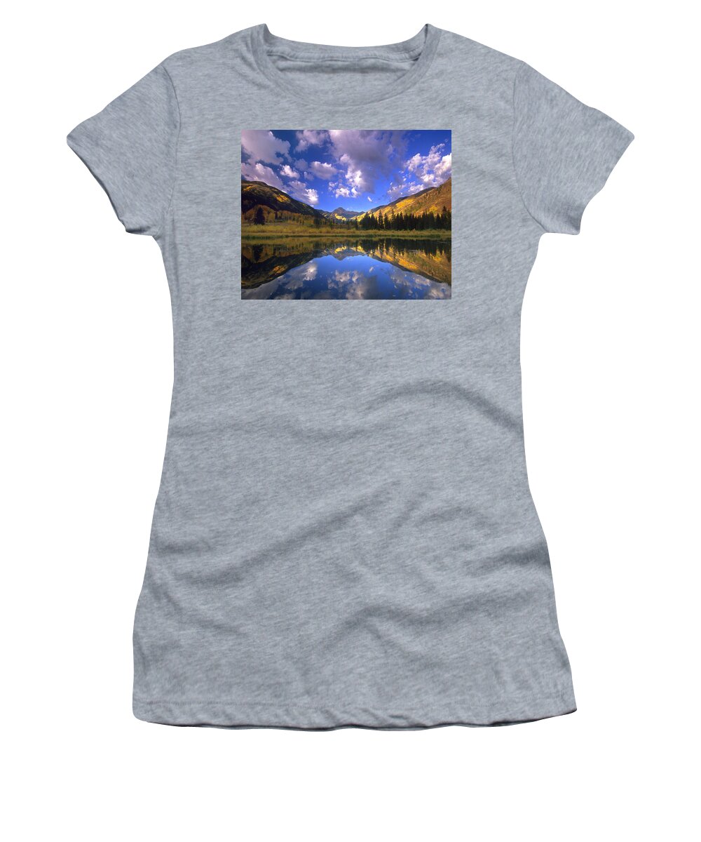 00175814 Women's T-Shirt featuring the photograph Haystack Mountain Reflected In Beaver by Tim Fitzharris