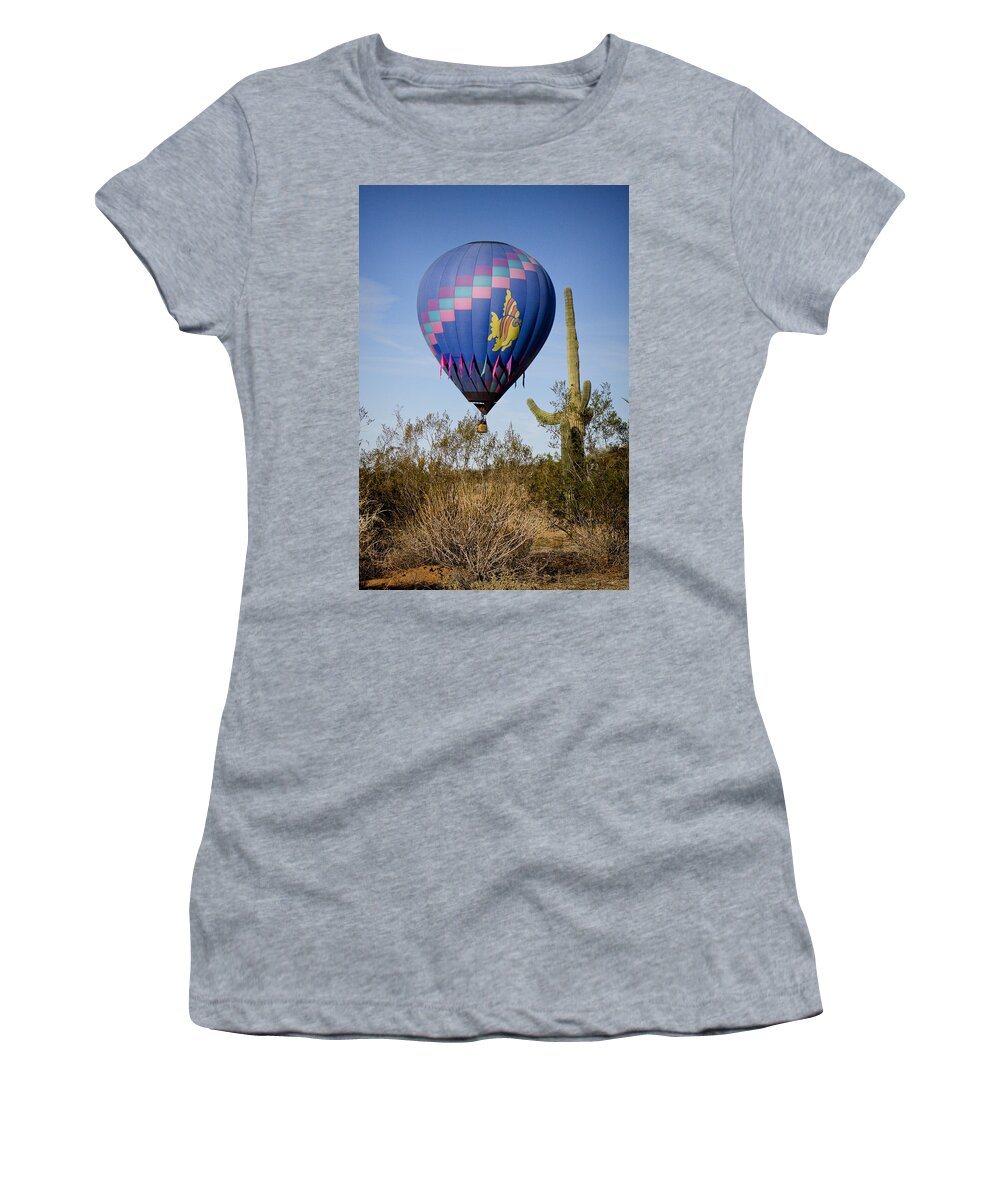 Balloon Women's T-Shirt featuring the photograph Hot Air Balloon Flight over the Lush Arizona Desert by James BO Insogna