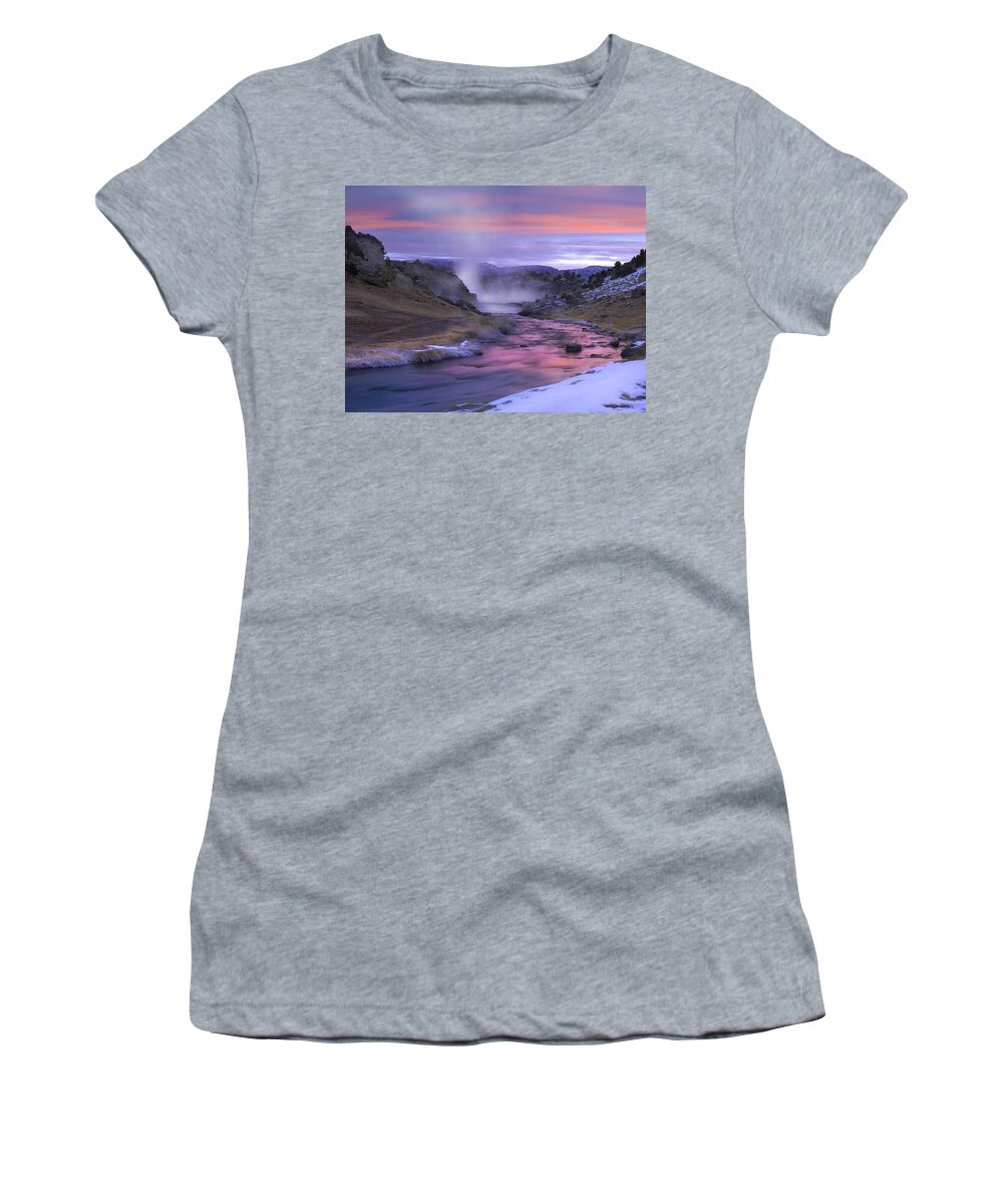 00175514 Women's T-Shirt featuring the photograph Hot Creek At Sunset Natural Hot Spring by Tim Fitzharris