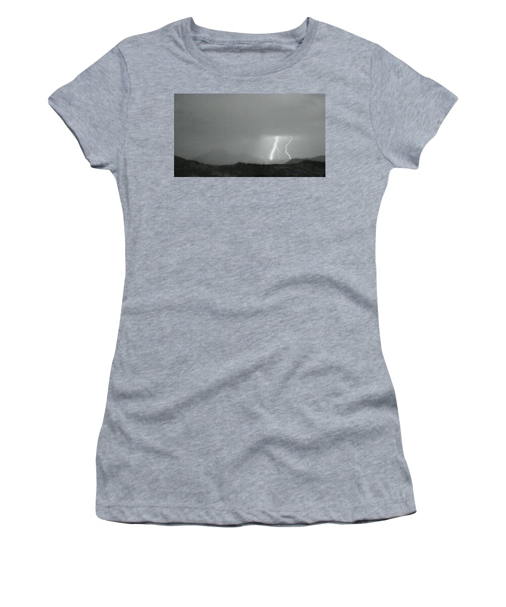 Continental Divide Women's T-Shirt featuring the photograph Lightning Bolts Hitting the Continental Divide BW Crop by James BO Insogna