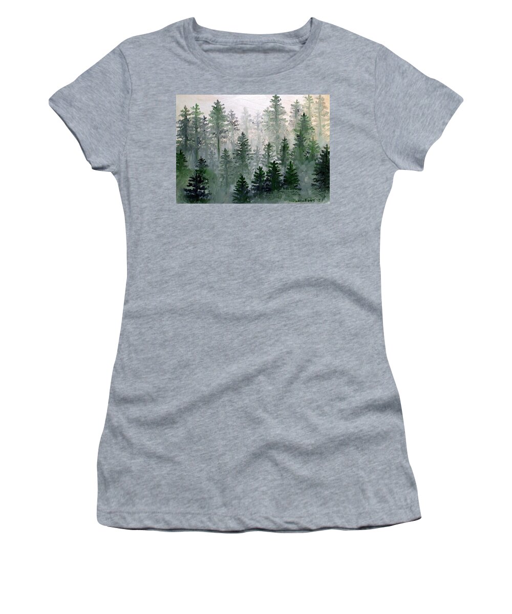 Trees Women's T-Shirt featuring the painting Morning in the Mountains by Shana Rowe Jackson
