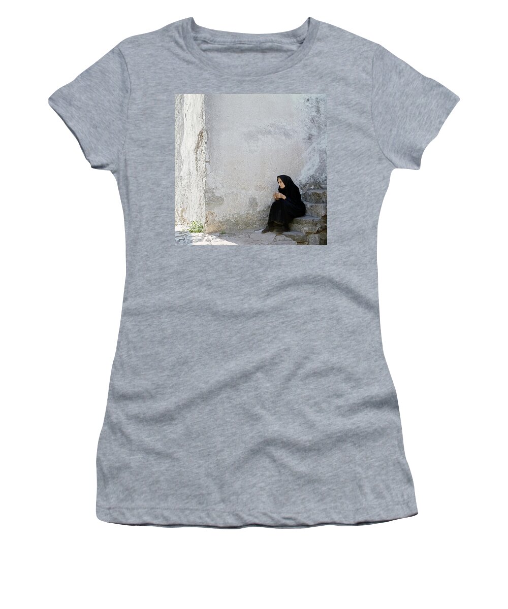 Dalmatia Women's T-Shirt featuring the photograph Old age woman sitting by Juan Carlos Ferro Duque