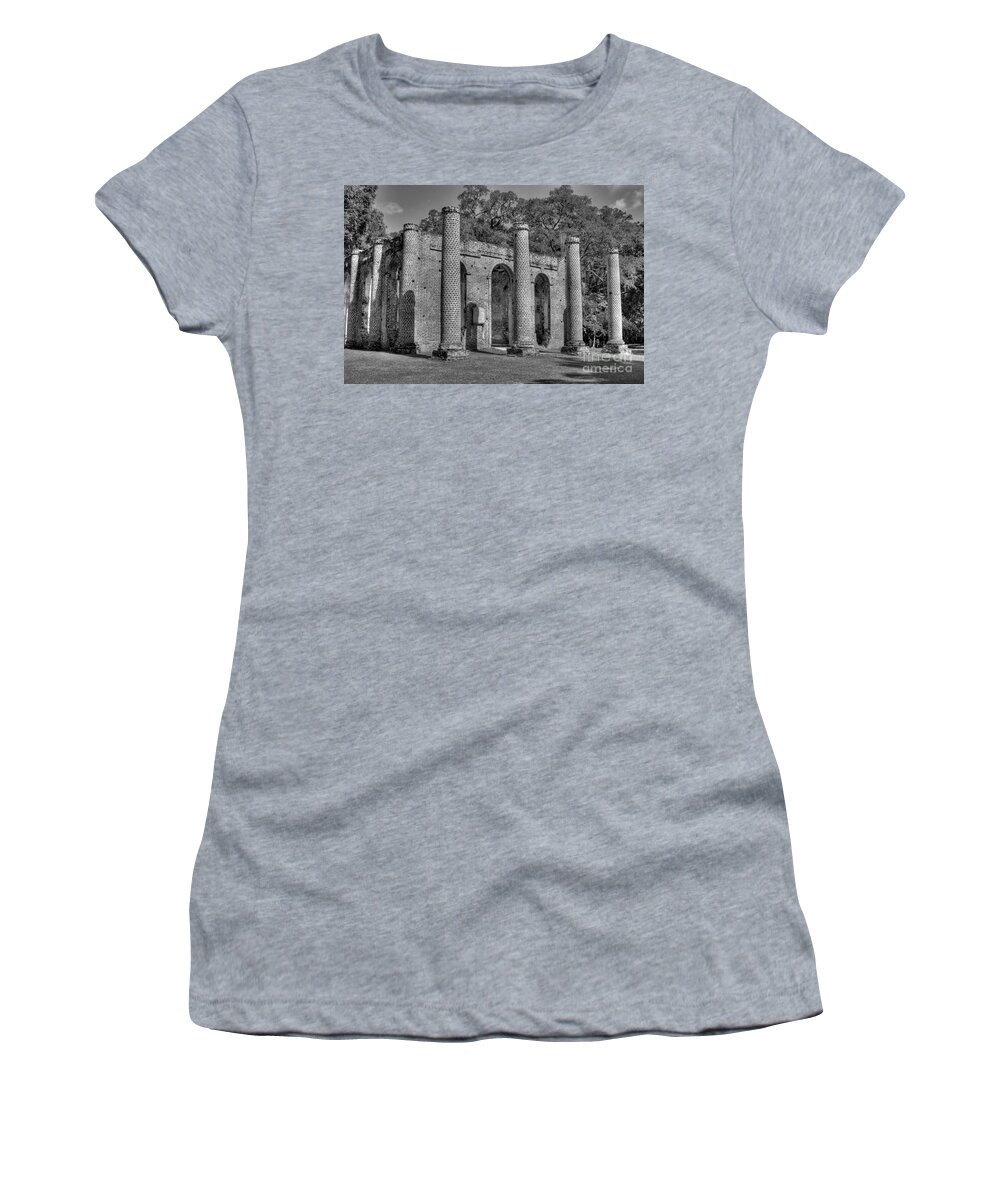 Old Sheldon Church Women's T-Shirt featuring the photograph Old Sheldon Church 3 Black and White by Jonathan Harper