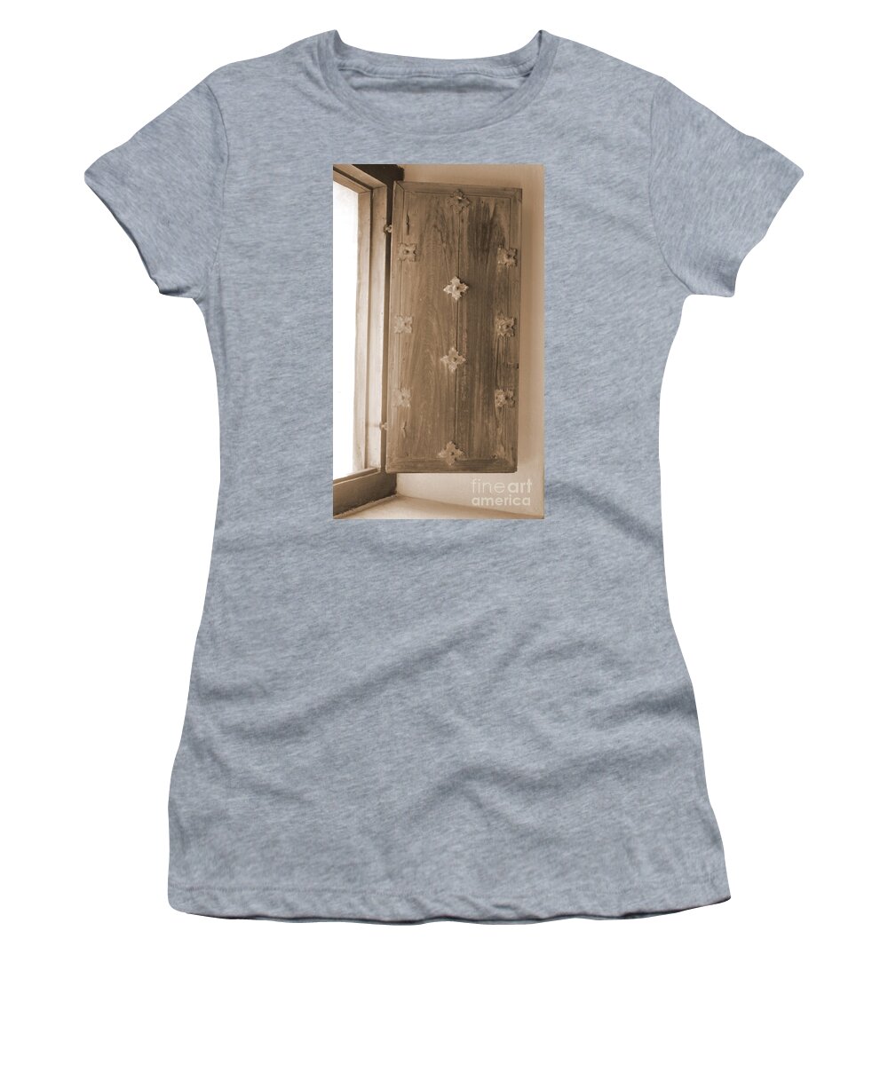 Shutter Women's T-Shirt featuring the photograph Old Shutter At The Mission In Sepia by Donna Brown