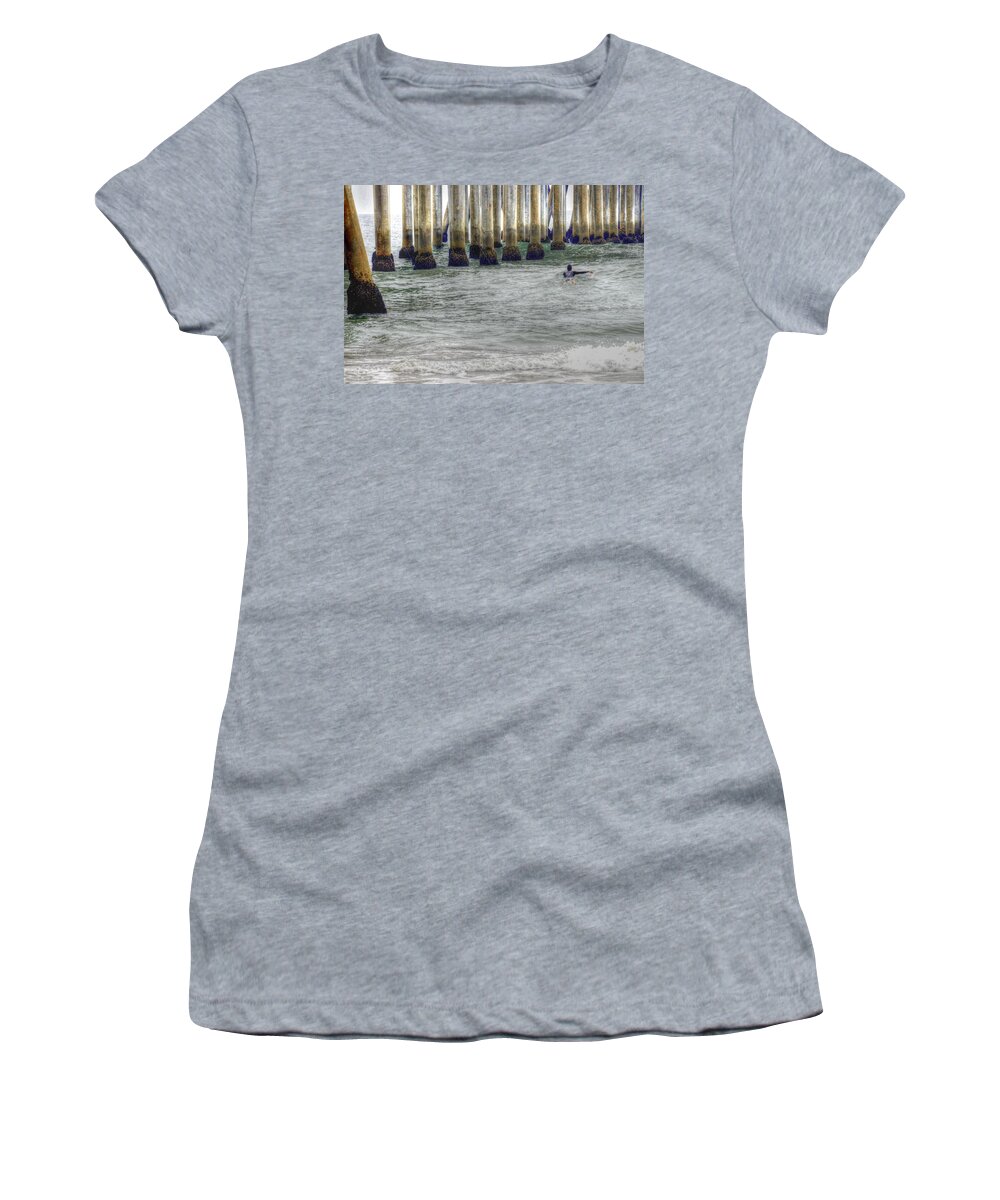 Huntington Pier Women's T-Shirt featuring the photograph Paddling Out by Richard Omura
