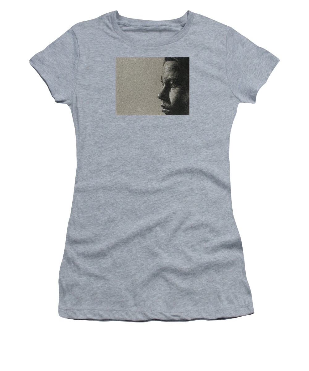 Charcoal Women's T-Shirt featuring the drawing Portrait of S by David Kleinsasser