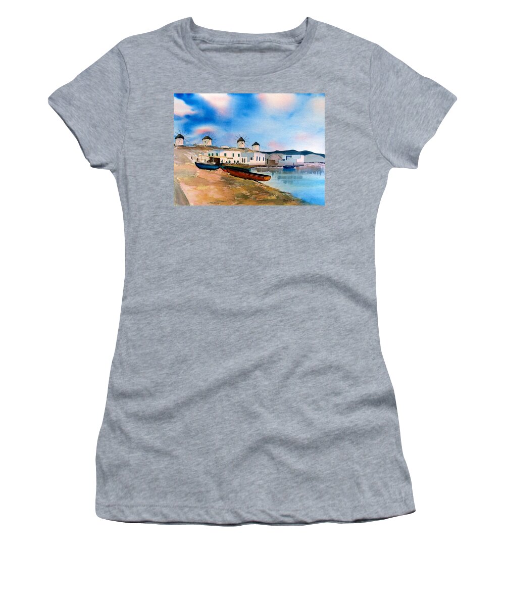 Mykonos Women's T-Shirt featuring the painting Quiet Days by Frank SantAgata